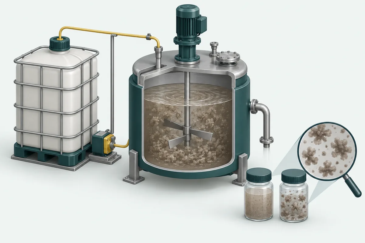 Illustration of a chemical treatment vessel and fine-solids sludge samples for feed characterization.