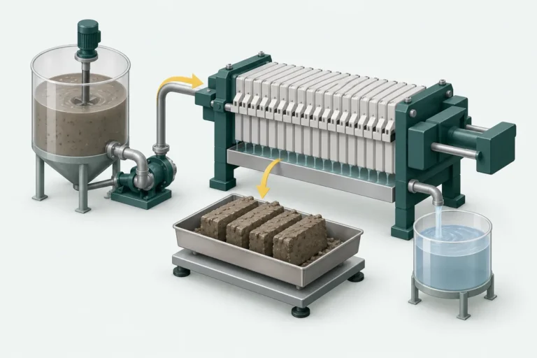 Illustration of a filter press separating sludge into a handleable filter cake and collected filtrate.