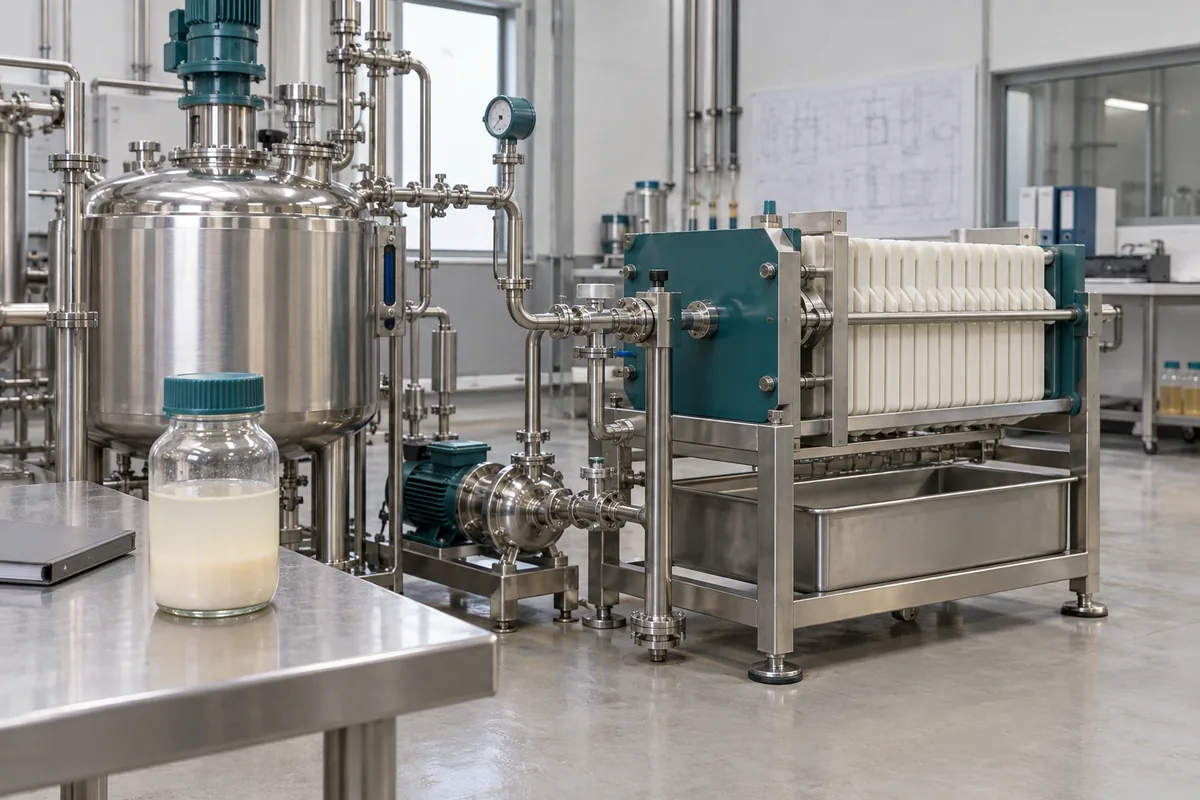 Illustration of a pale intermediate-slurry sample beside a closed process vessel and filter press.