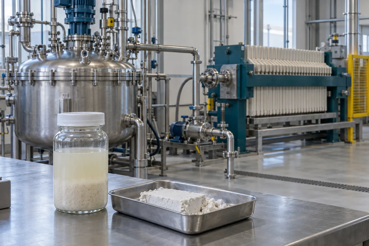 Illustration of a precipitate-slurry sample and retained solids beside a reaction vessel and filter press.