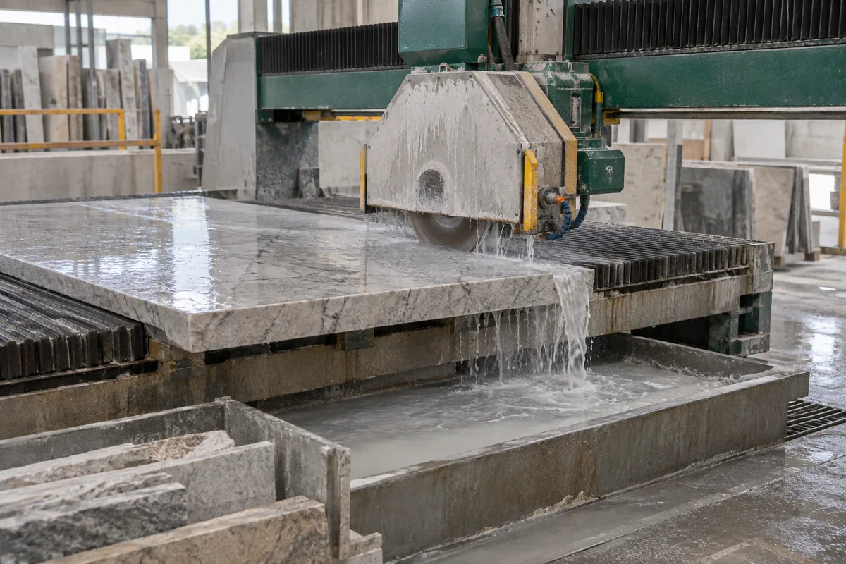 Illustration of wet stone cutting with mineral slurry draining into a collection channel.