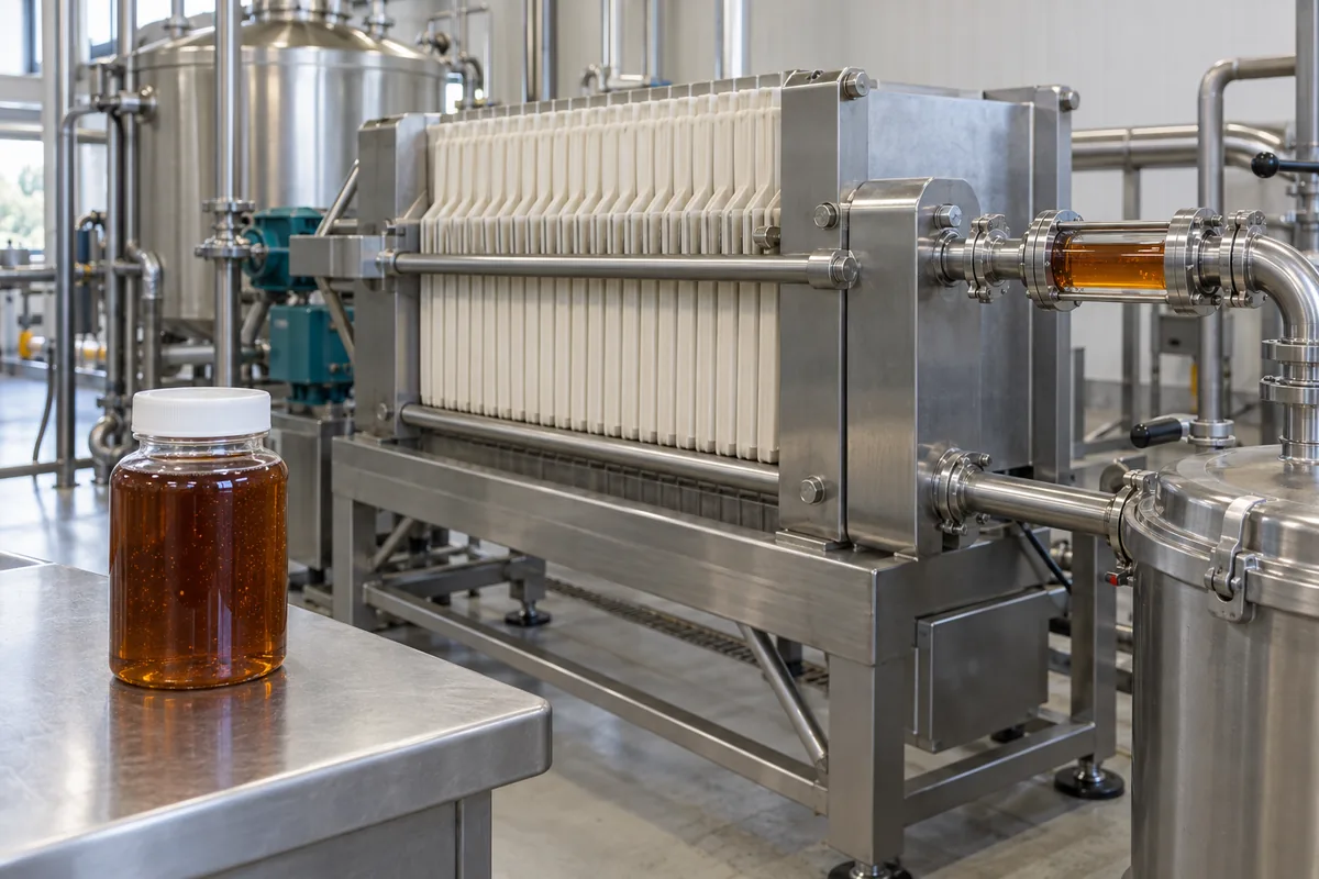 Illustration of an amber syrup sample beside a closed plate-and-frame filter and a jacketed process tank.
