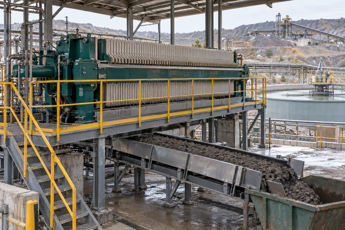 Illustration of tailings filter cake on a conveyor below a mining filter press.