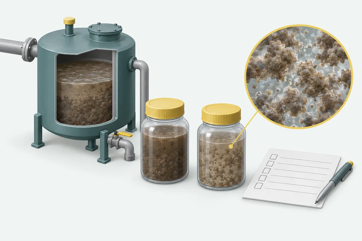 Illustration of biological sludge samples with porous floc structure and a blank blend record.