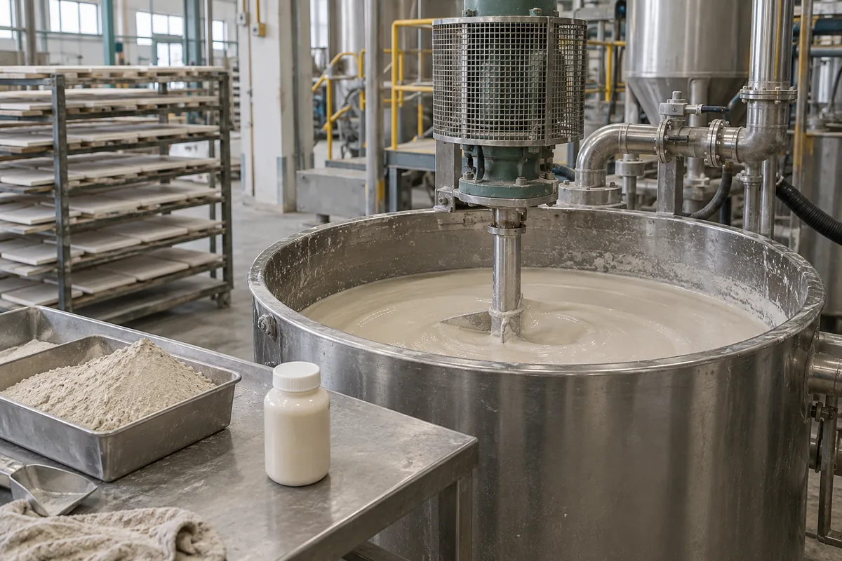 Illustration of ceramic slip, a slurry sample and fine clay in a materials preparation area.
