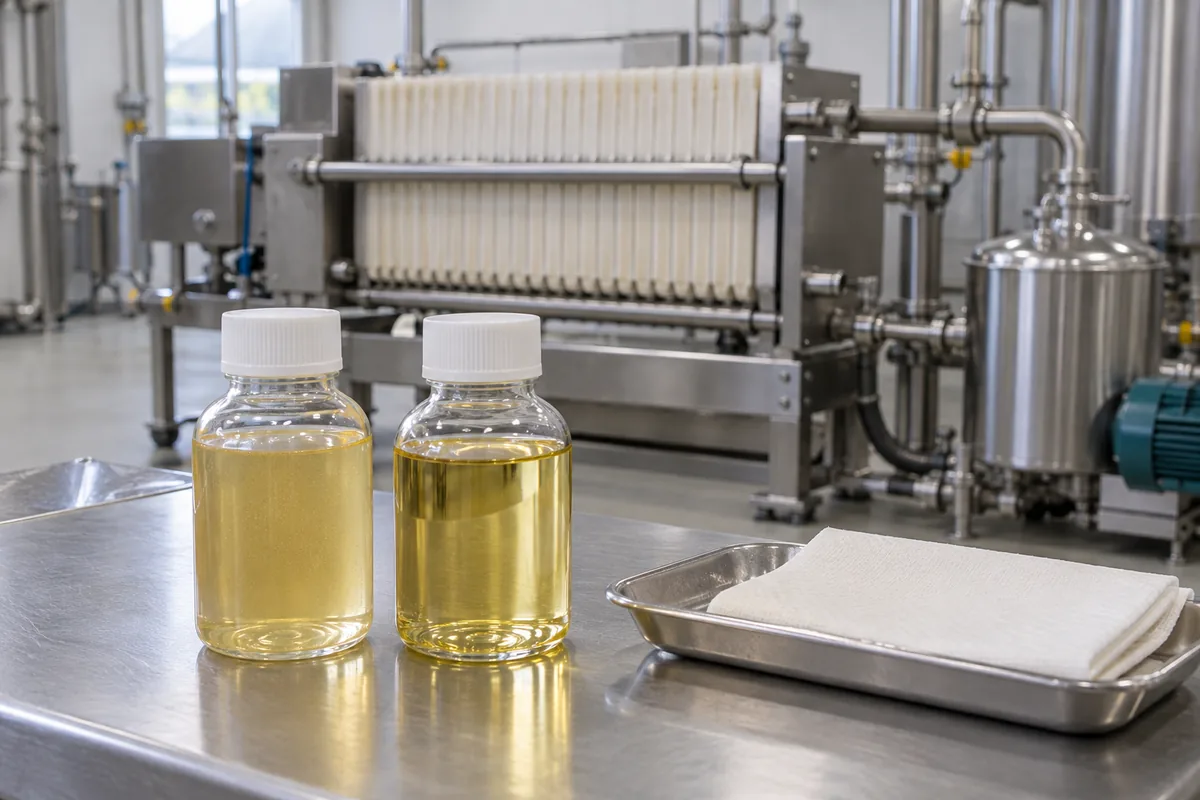 Illustration of golden edible-oil samples and filter media beside a closed pressure-filtration unit.