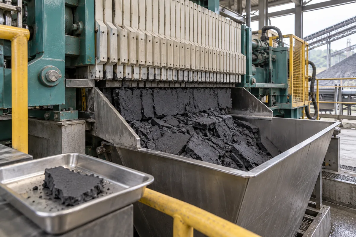 Illustration of dark mineral concentrate cake discharged into a contained product collection hopper.