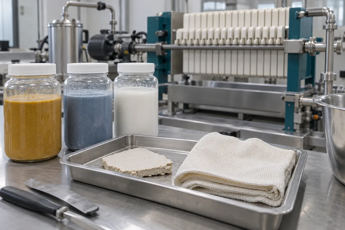 Illustration of muted pigment and white fine-suspension samples beside woven filter media.