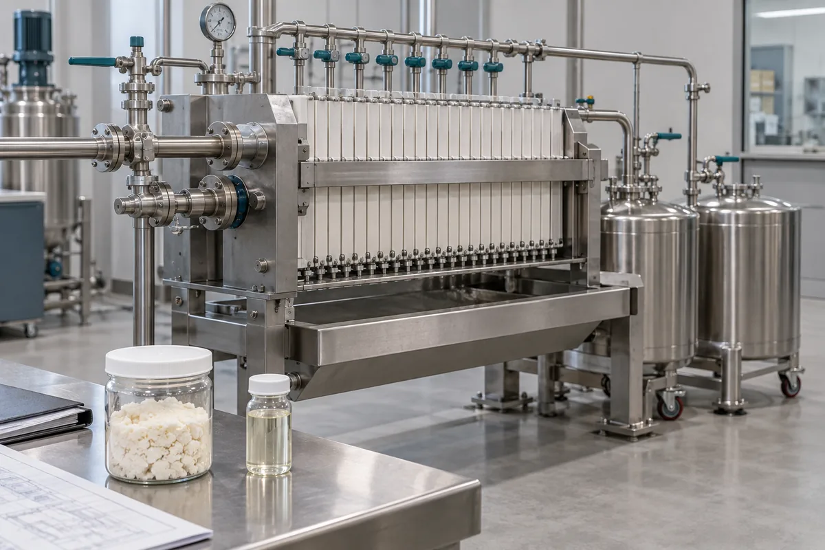 Illustration of a retained-solids sample beside a closed pilot filter with wash and liquid-collection connections.