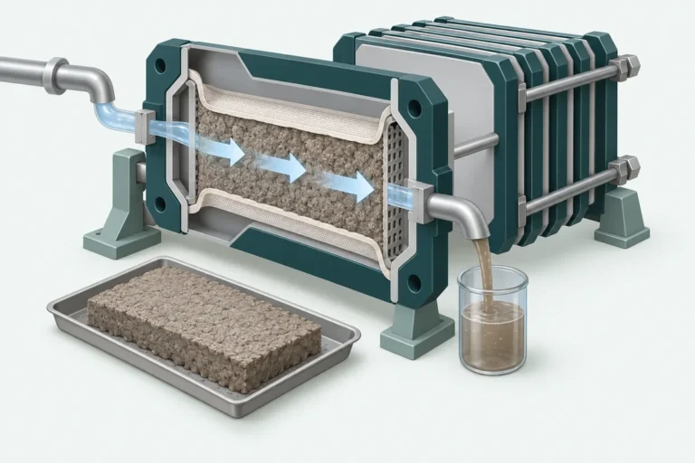 Conceptual illustration of wash liquid passing through retained filter cake and displacing mother liquor.