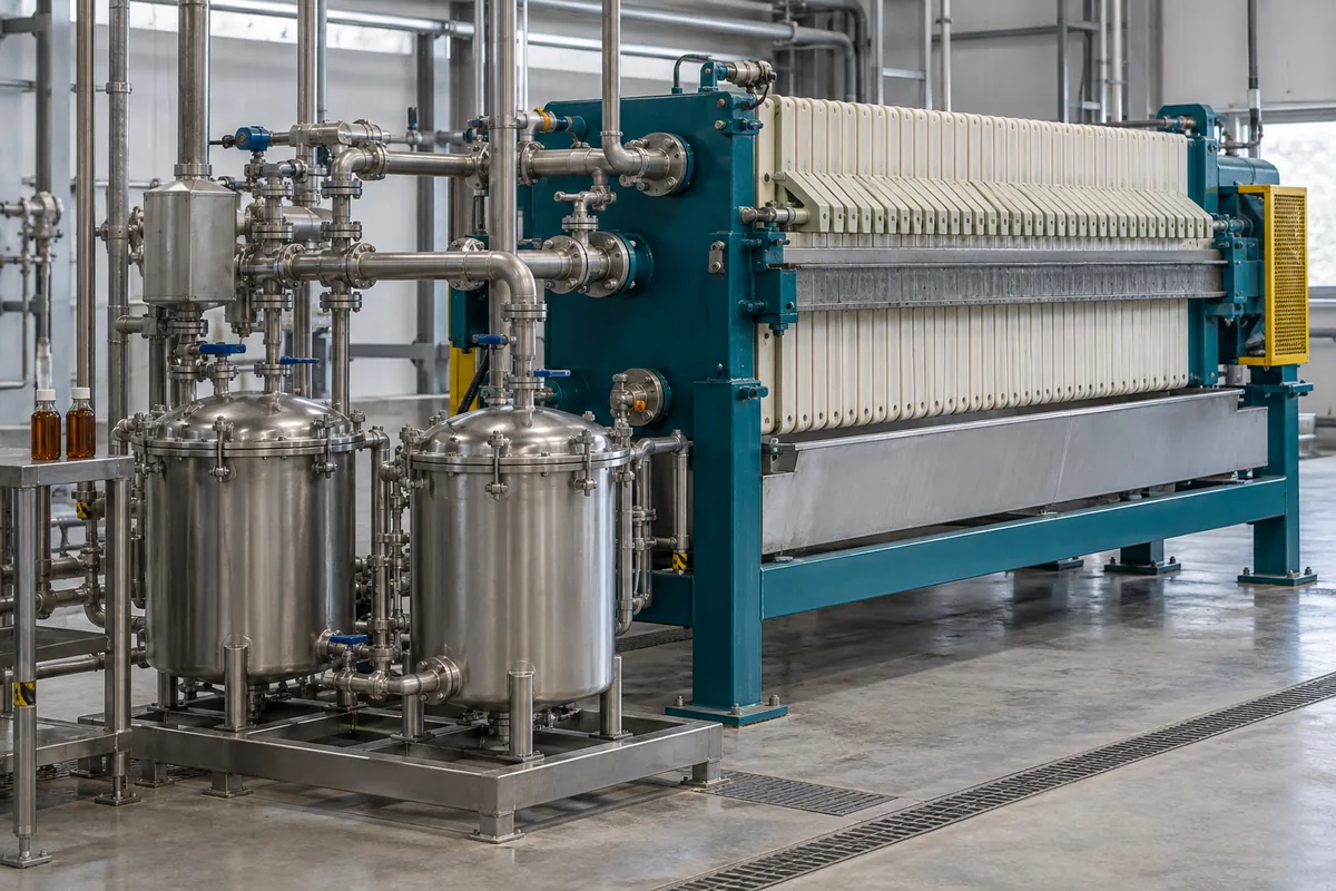 Illustration of a closed filter press with wash-liquid connections and separate collection vessels.