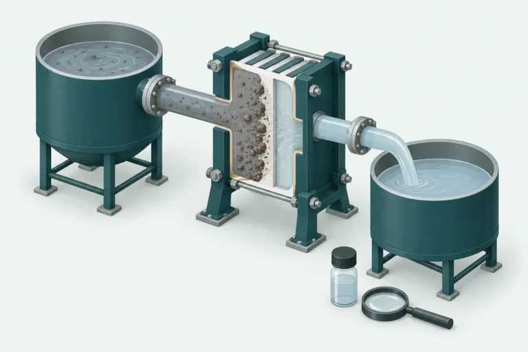 Illustration of suspended-solids filtration with a filtrate collection tank and a sample for further quality checks.