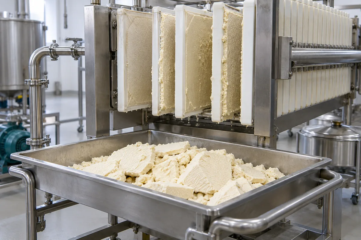 Illustration of pale retained ingredient solids collected in a clean stainless tray below a filter press.