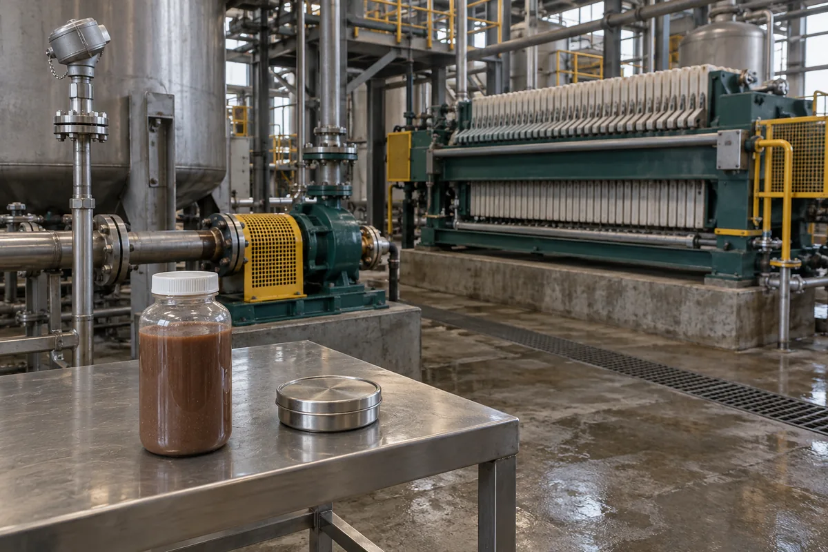 Illustration of residue-slurry sampling beside closed process vessels and filtration equipment.