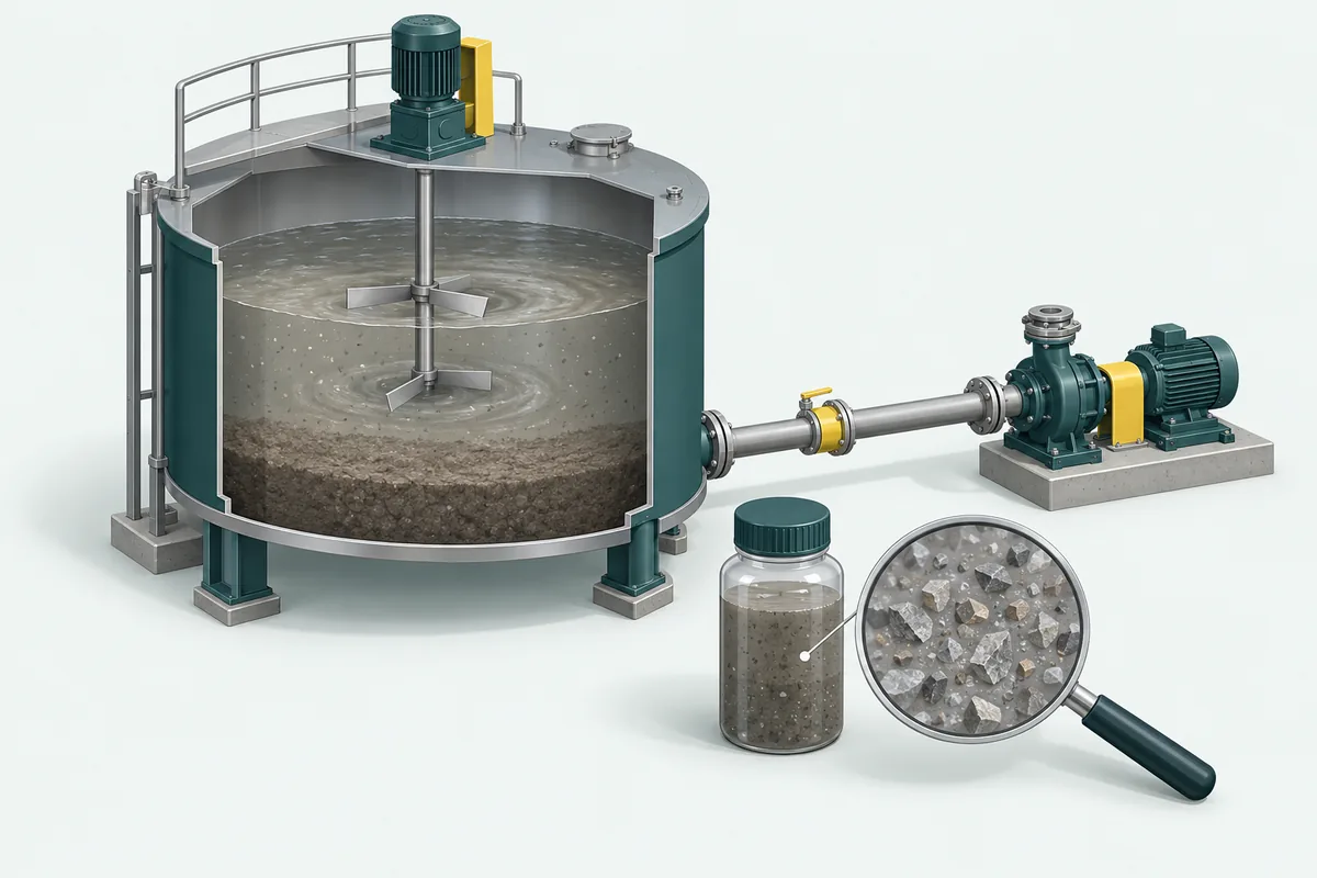 Illustration of mineral-bearing wastewater in a mixed collection tank, with settled solids and a slurry pump.