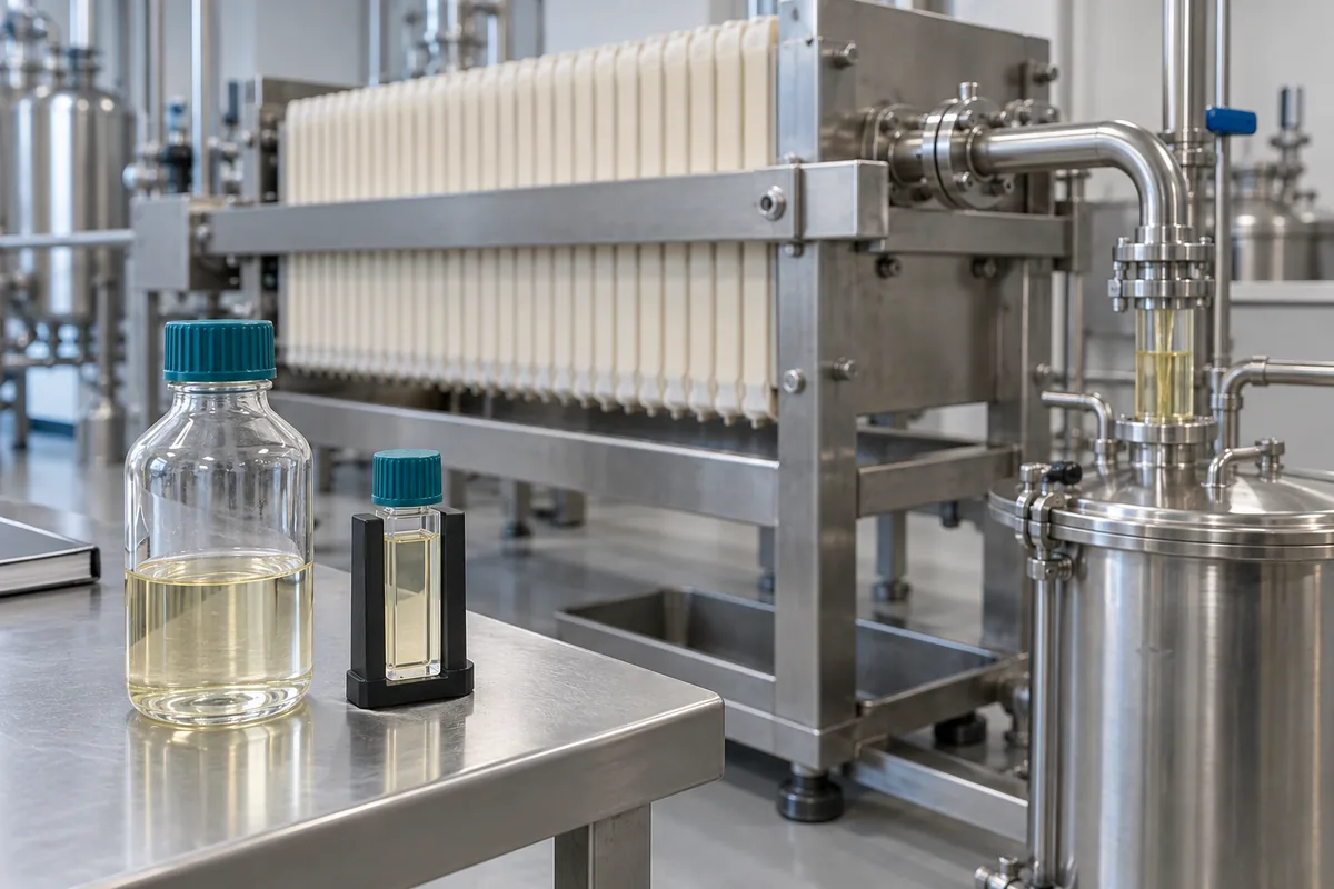 Illustration of a process-liquid sample and clarity-test cell beside a closed filtrate receiver.