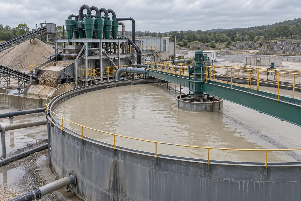 Illustration of a sand-washing plant with a fines-slurry thickener and dewatering equipment.