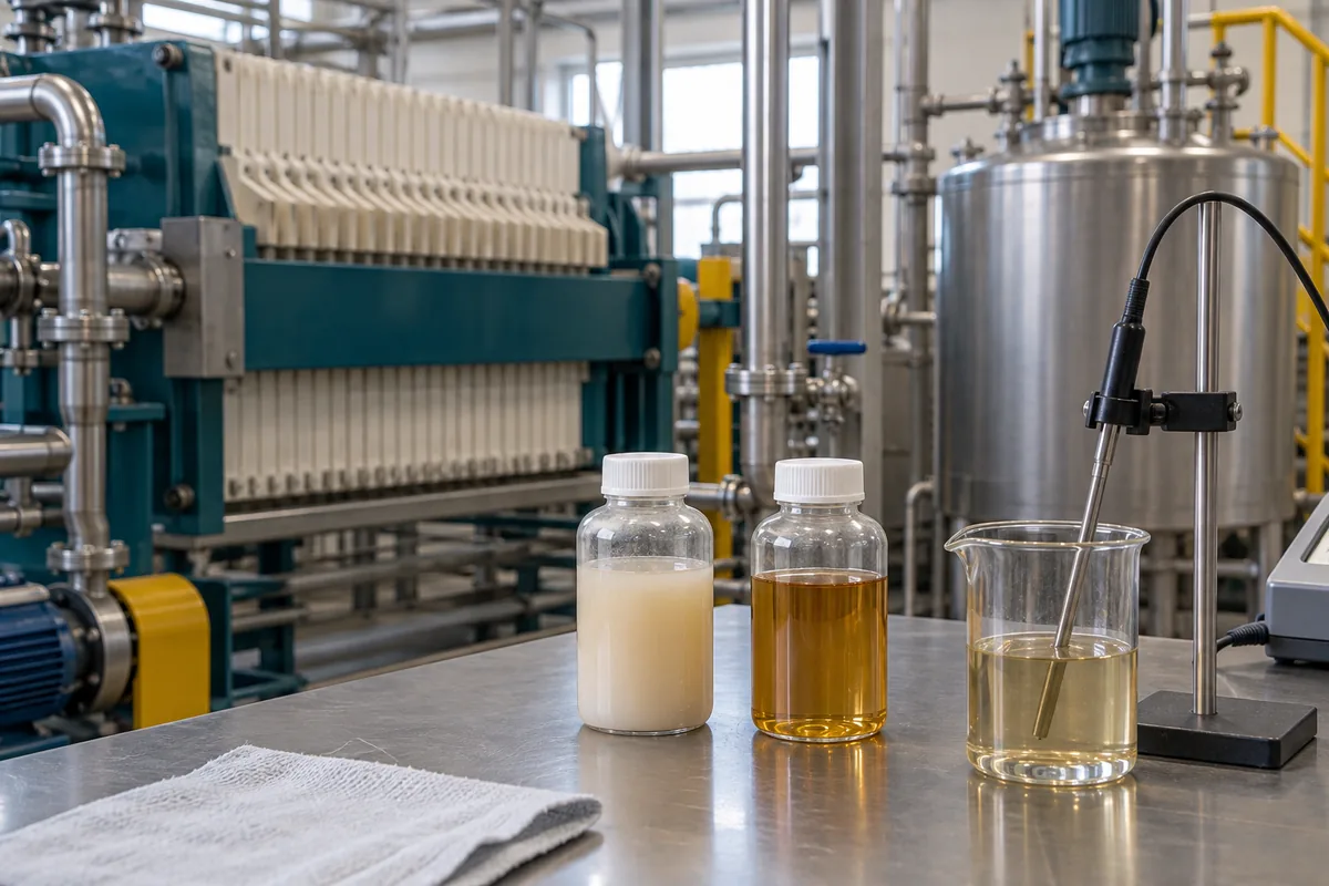 Illustration of process-liquid samples and a temperature probe beside a closed chemical feed vessel.