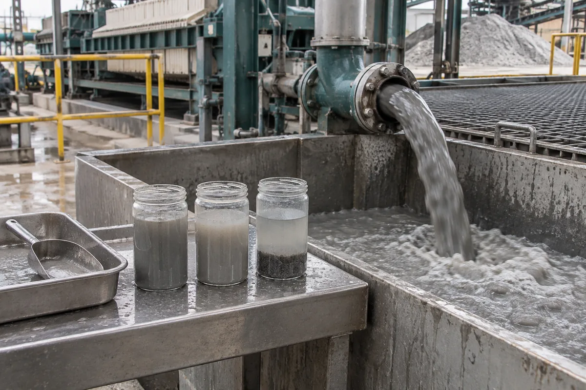 Illustration of a mineral-slurry inlet and sample jars used to review feed variation.