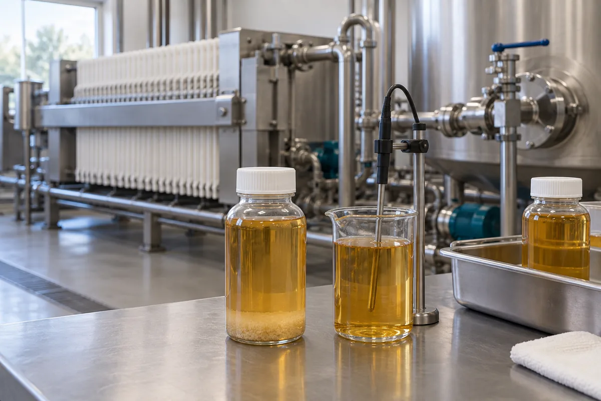 Illustration of a food-process liquid sample with fine solids and a temperature probe at a sampling bench.