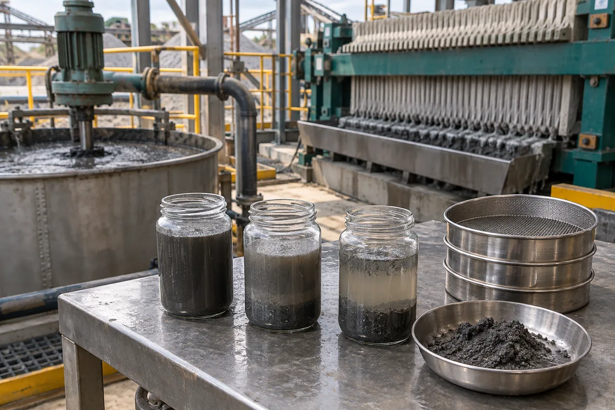 Illustration of mineral-slurry samples, fine solids and laboratory sieves on a sampling bench.