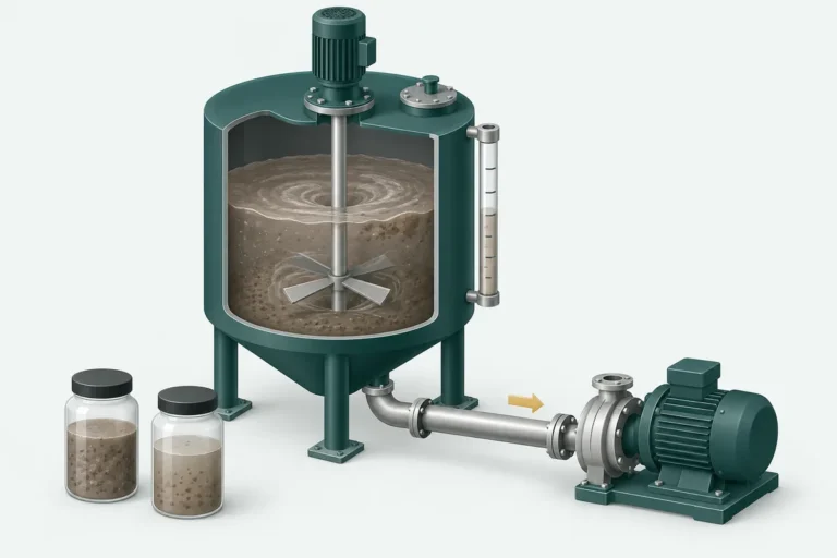 Illustration of a mixed slurry feed tank, pump and samples used to assess feed concentration and variability.
