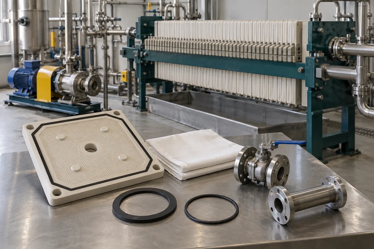 Illustration of a gasketed filter plate, filter cloth, seals, valve and pipe spool on an inspection bench.
