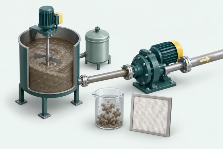 Illustration of sludge mixing and feeding equipment with a sample and filter cloth for conditioning evaluation.