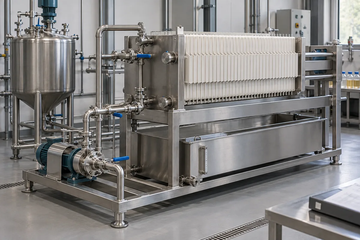 Illustration of a compact filter-press package with feed, collection and supported plant connections.
