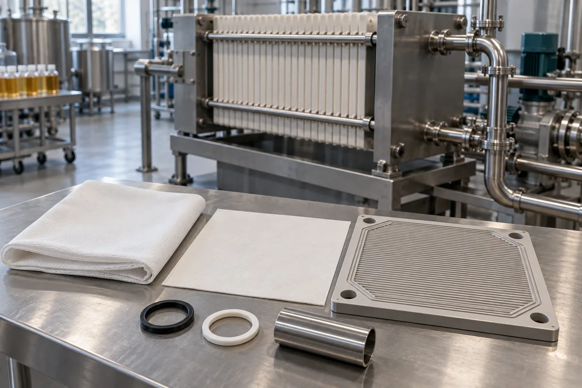 Illustration of filter cloth, a paper sheet, a support plate and seal samples on a stainless inspection bench.