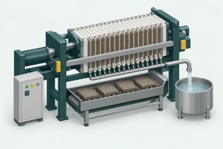 Illustration of a plate filter press with separate routes for cake discharge and filtrate collection.