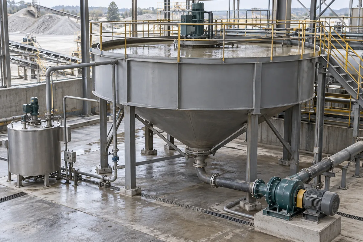 Illustration of a conical-bottom slurry thickener, underflow pump and conditioning tank.