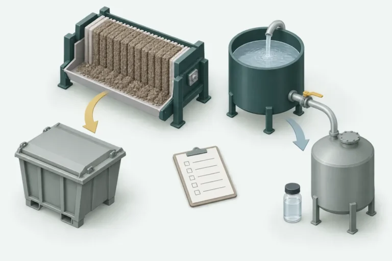 Illustration of separate downstream routes for filter cake handling and filtrate treatment or reuse evaluation.