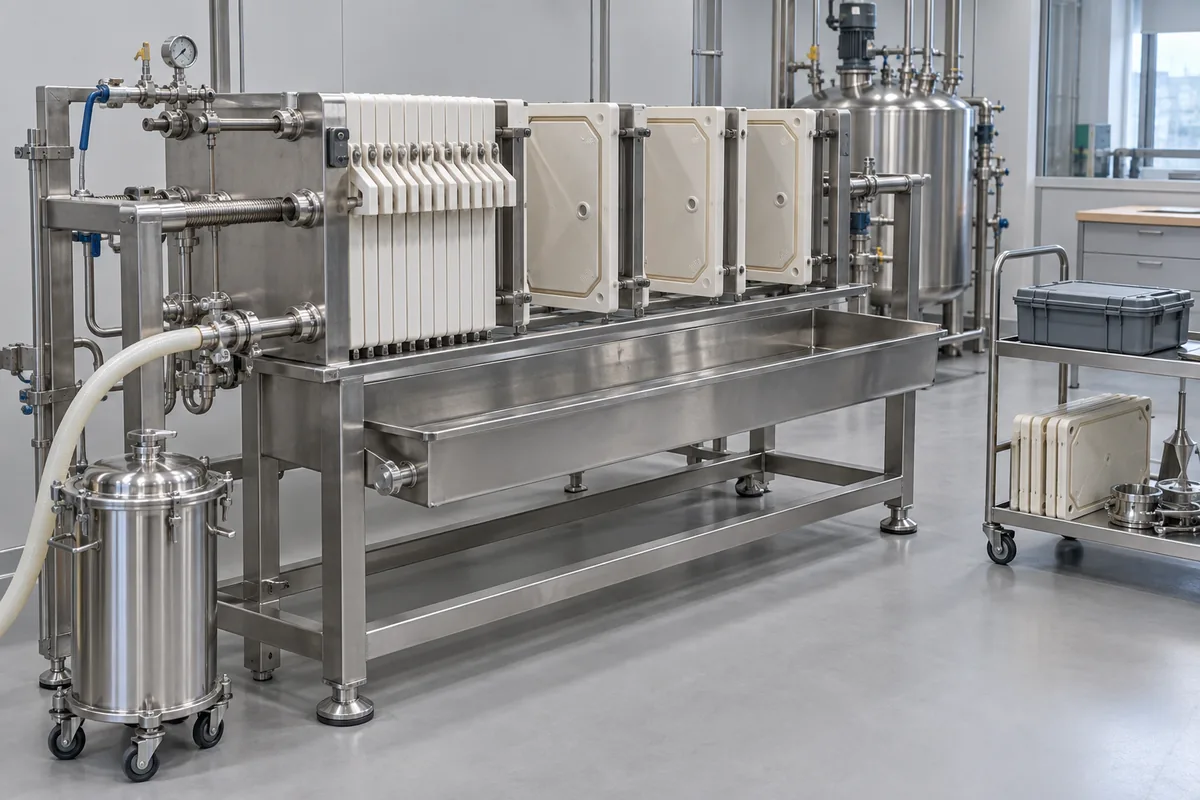 Illustration of an isolated filter opened for inspection with accessible trays and closed collection vessels.
