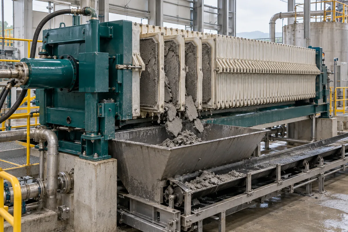 Illustration of a chamber filter press discharging mineral cake into a collection conveyor.
