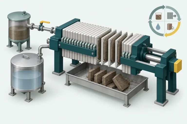 Illustration of a plate filter press at cake discharge, with isolated feed and separate filtrate collection.