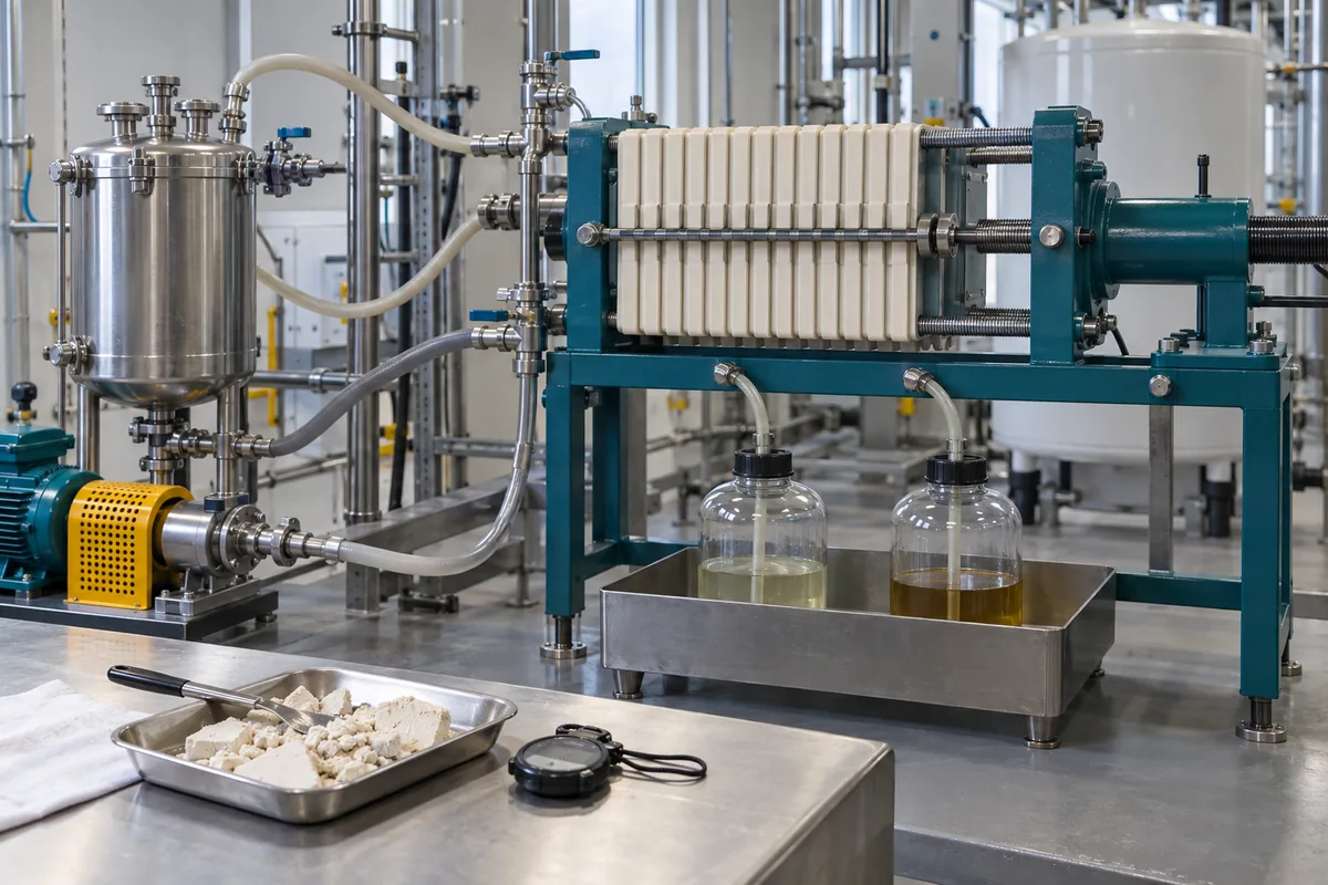 Illustration of a small closed pilot filter press and separate filtrate sample receivers.