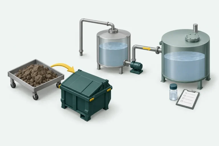 Illustration of separate routes for sludge cake handling and filtrate return to a treatment tank.