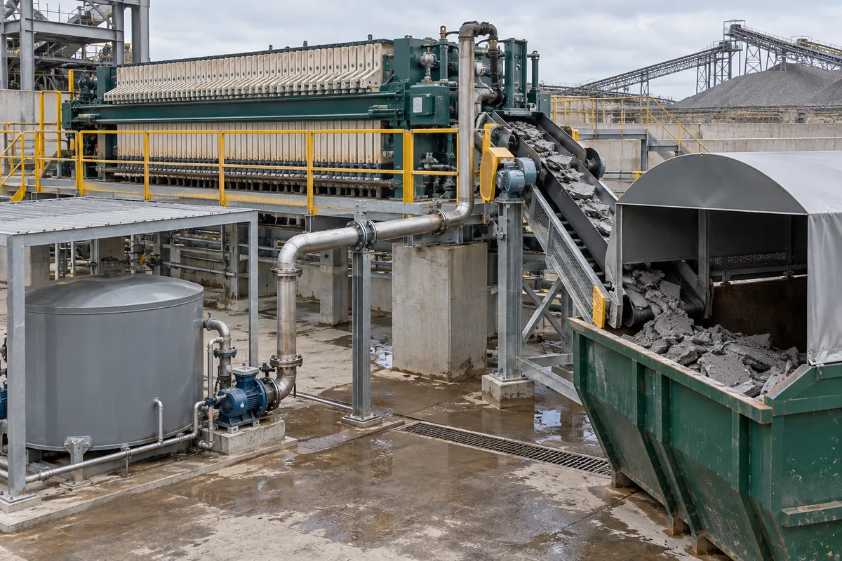 Illustration of separate cake collection and filtrate storage routes beside a filter press.