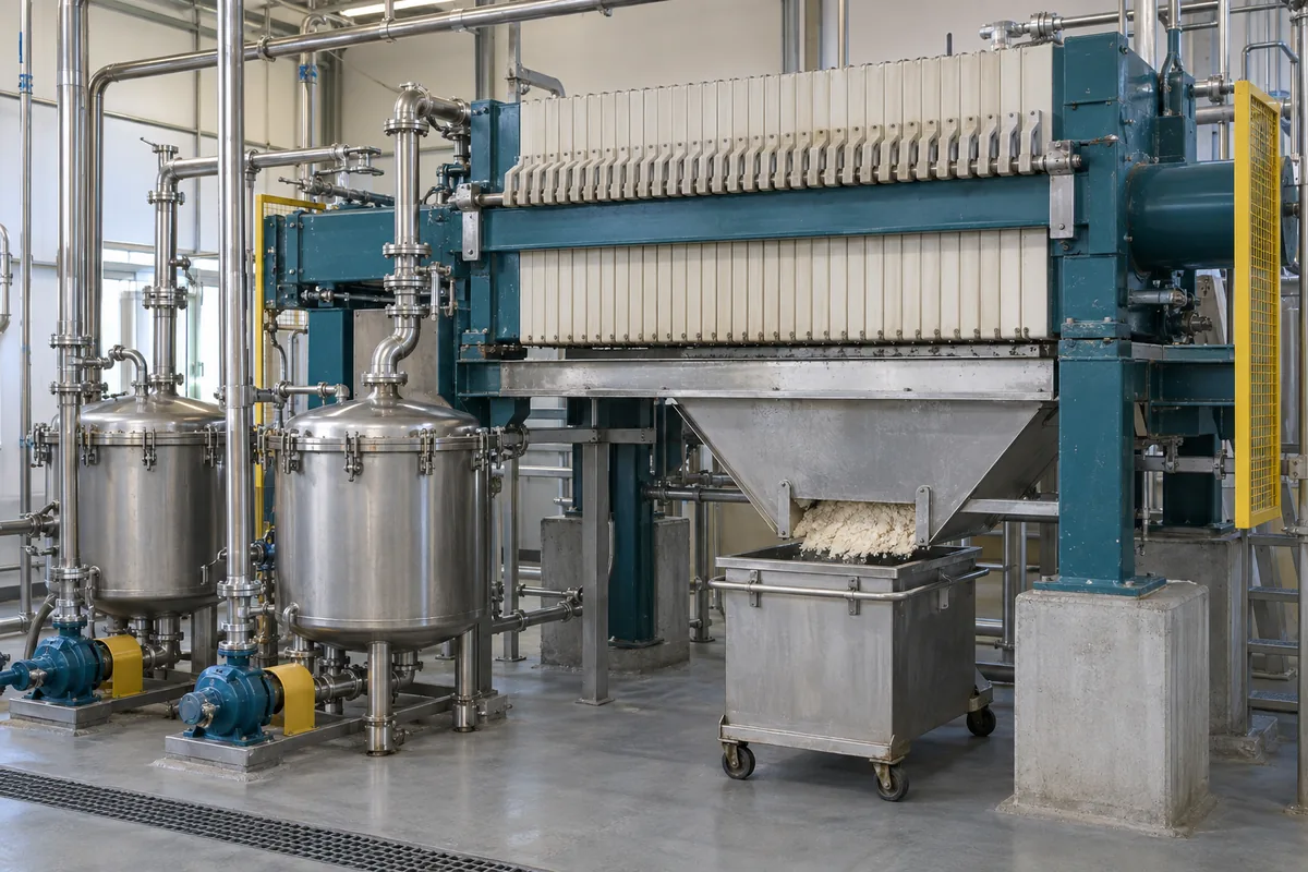 Illustration of a contained cake collection bin and separate liquid receivers beside a chemical filter press.