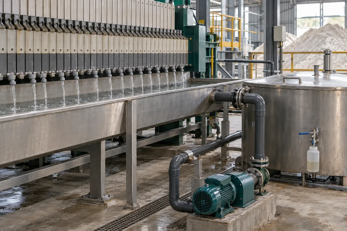 Illustration of filter-press filtrate collected in a trough and routed to a process-water tank.