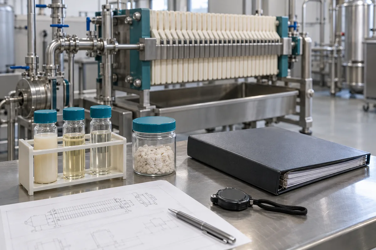 Illustration of sealed test samples and a technical binder beside a pilot filtration setup.