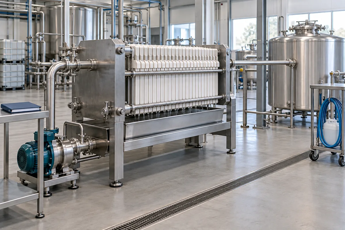 Illustration of a food-process filter with accessible service space and a closed downstream holding tank.