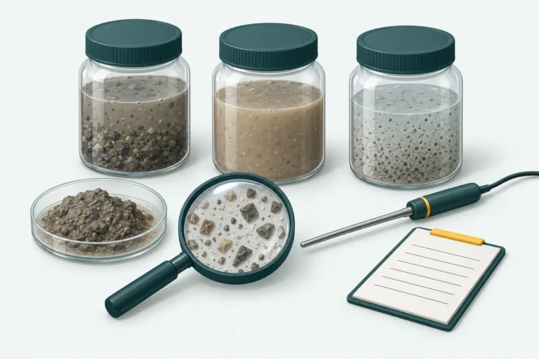 Illustration of representative slurry samples, particle inspection and a temperature probe for feed characterization.