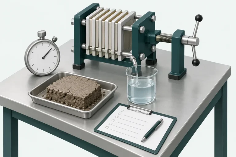Illustration of a filtration test with a stopwatch, cake sample, filtrate sample and blank cycle record.