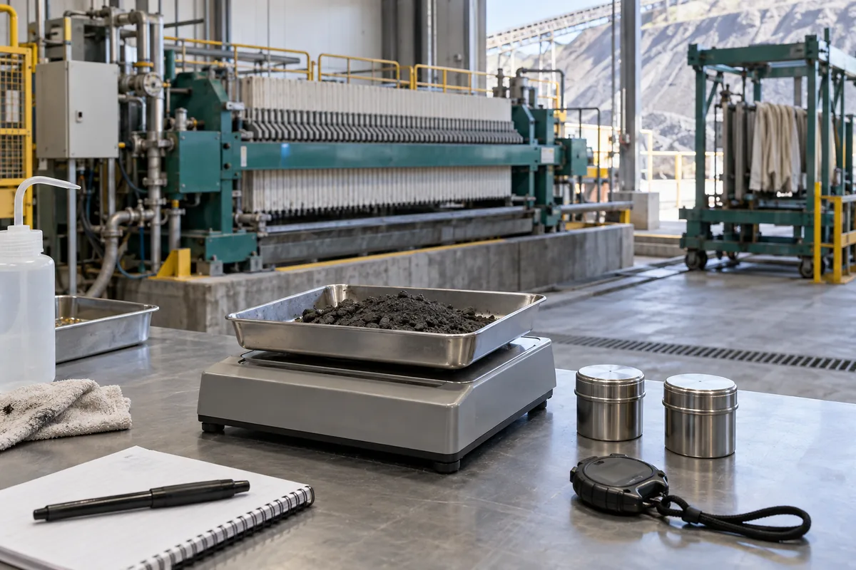 Illustration of representative dried mineral samples being weighed beside a filtration workshop.