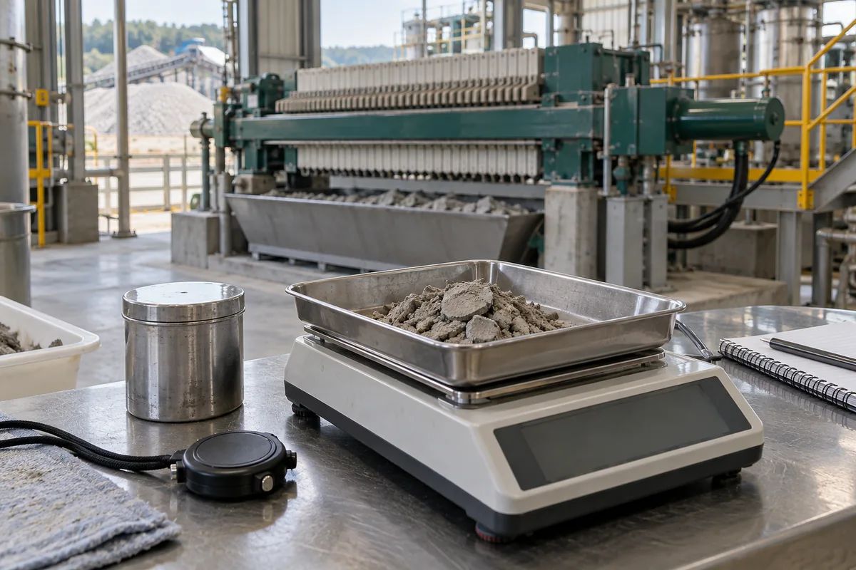 Illustration of a dried mineral-solids sample on a balance with a filter press in the background.