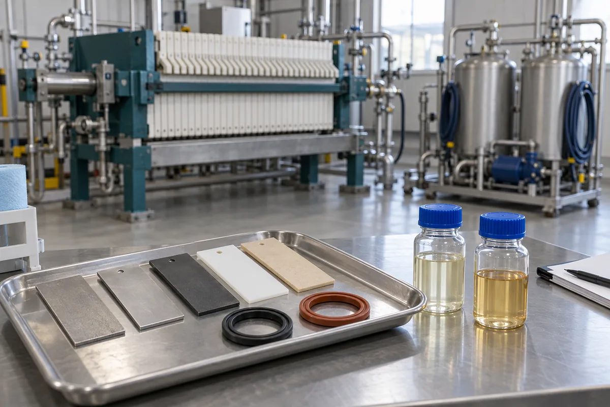 Illustration of material coupons and seal samples beside process and cleaning equipment.