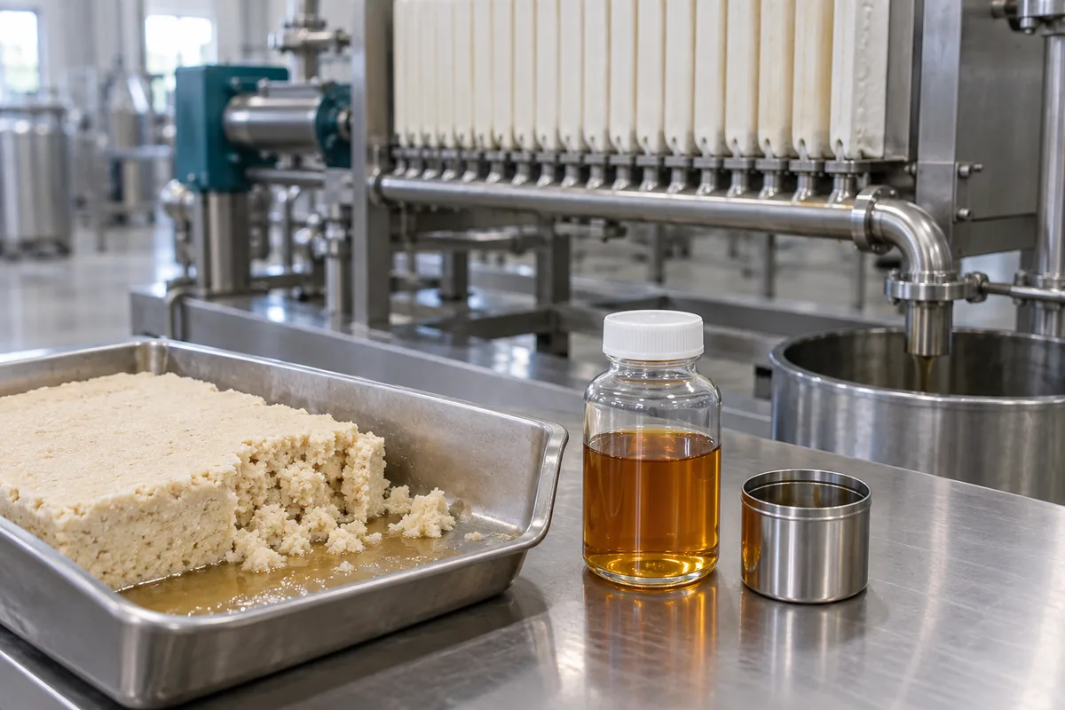 Illustration of a moist retained-solids sample and collected process liquid beside filtration equipment.
