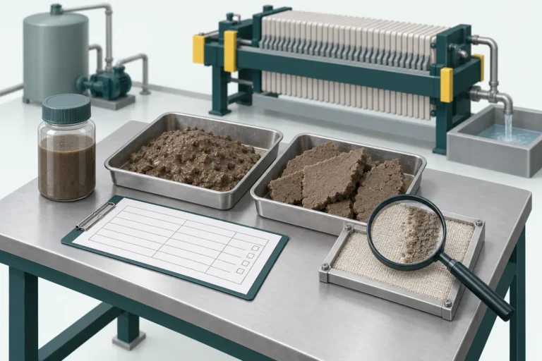 Illustration comparing two filter-cake consistencies alongside a feed sample and filter-cloth inspection.